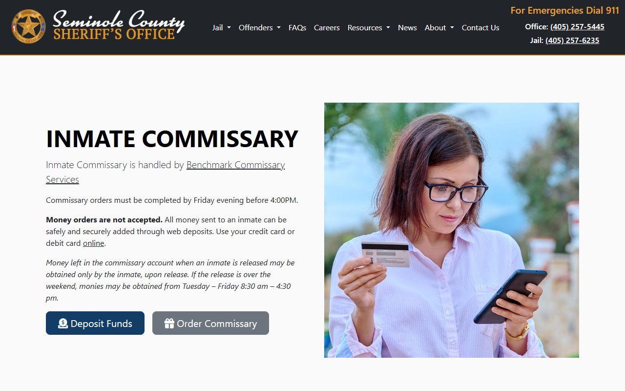 Seminole County jail commissary deposits page for in-custody defendants on the docket