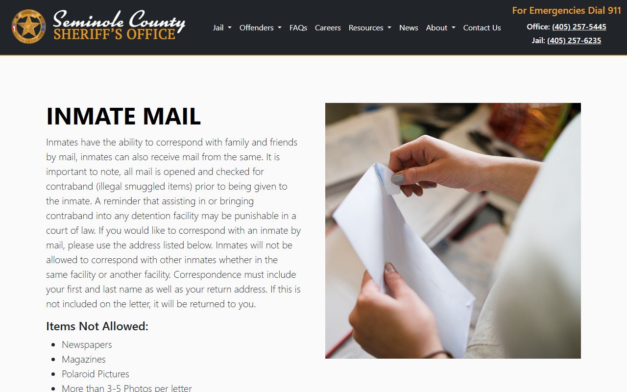 Seminole County jail inmate mail rules and address format
