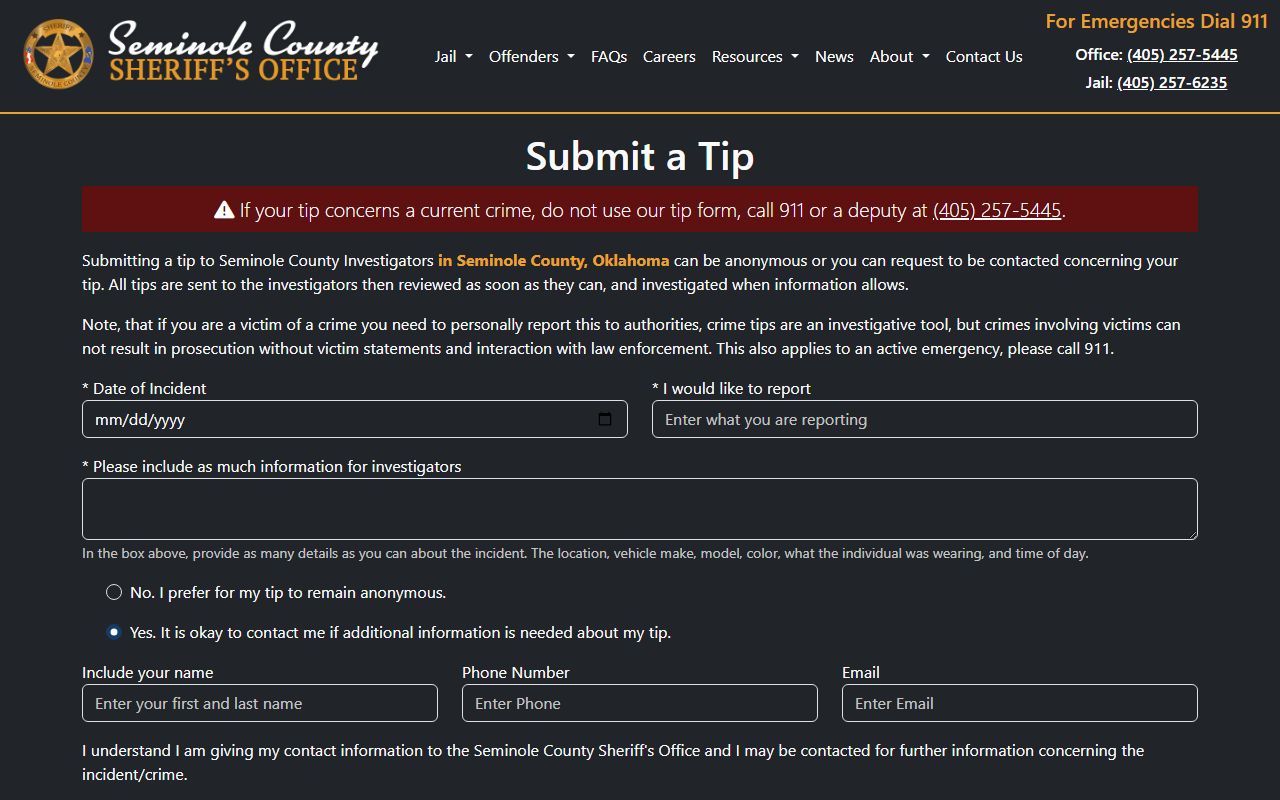 Seminole County Sheriff's Office anonymous tip form for reporting warrant information
